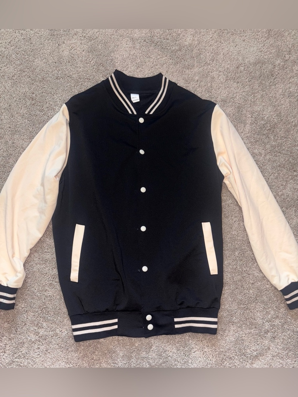 Black Cream Colorblock Letterman Varsity Bomber Jacket Snap Front Large